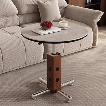 Traditional Vintage Round Aluminum Alloy Stone Slab Coffee Table 4-Leg Movable Height-Adjustable For Living Room
