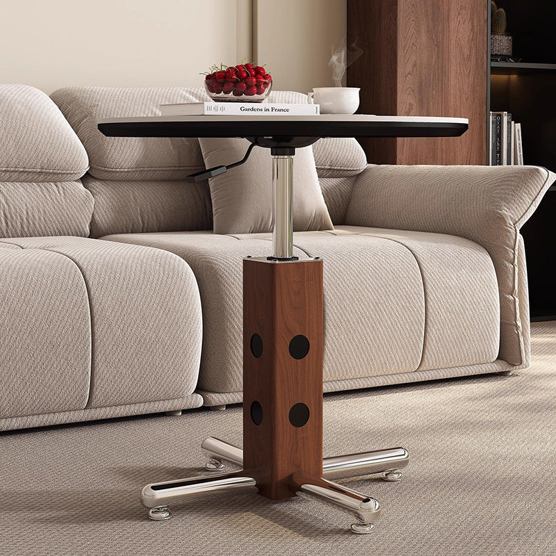 Traditional Vintage Round Aluminum Alloy Stone Slab Coffee Table 4-Leg Movable Height-Adjustable For Living Room