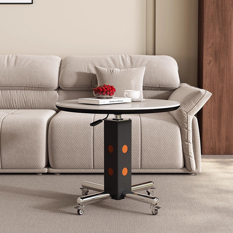 Traditional Vintage Round Aluminum Alloy Stone Slab Coffee Table 4-Leg Movable Height-Adjustable For Living Room