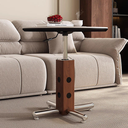 Traditional Vintage Round Aluminum Alloy Stone Slab Coffee Table 4-Leg Movable Height-Adjustable For Living Room