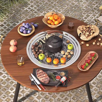 Modern Minimalist Round Iron Wooden Board Stainless Steel Outdoor Dining Table 3-Leg Foldable For Garden