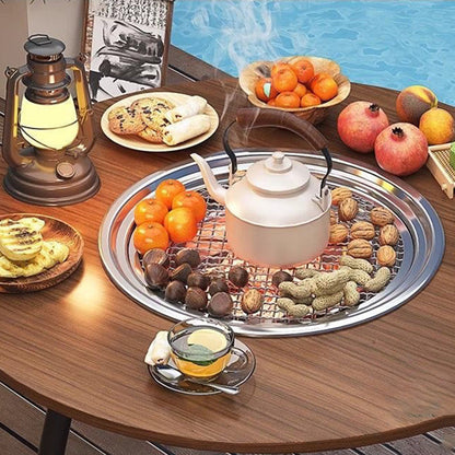 Modern Minimalist Round Iron Wooden Board Stainless Steel Outdoor Dining Table 3-Leg Foldable For Garden