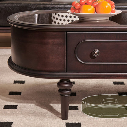 Traditional Vintage Oval Glass Solid Wood Coffee Table 2-Drawer 4-Leg For Living Room