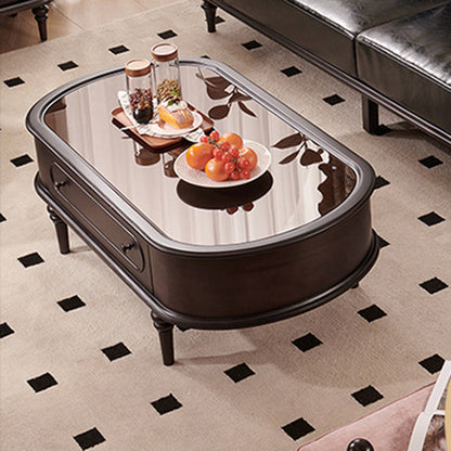 Traditional Vintage Oval Glass Solid Wood Coffee Table 2-Drawer 4-Leg For Living Room