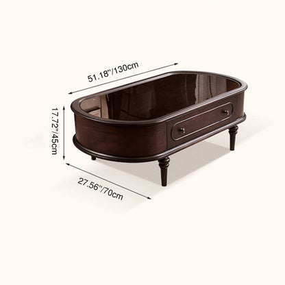 Traditional Vintage Oval Glass Solid Wood Coffee Table 2-Drawer 4-Leg For Living Room