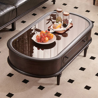 Traditional Vintage Oval Glass Solid Wood Coffee Table 2-Drawer 4-Leg For Living Room