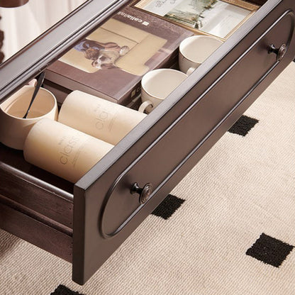 Traditional Vintage Oval Glass Solid Wood Coffee Table 2-Drawer 4-Leg For Living Room