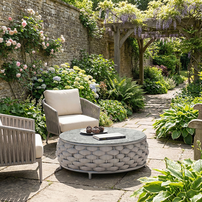 Modern Minimalist Round Aluminum Alloy PE Rattan Fabric Stone Slab Outdoor Coffee Table For Garden
