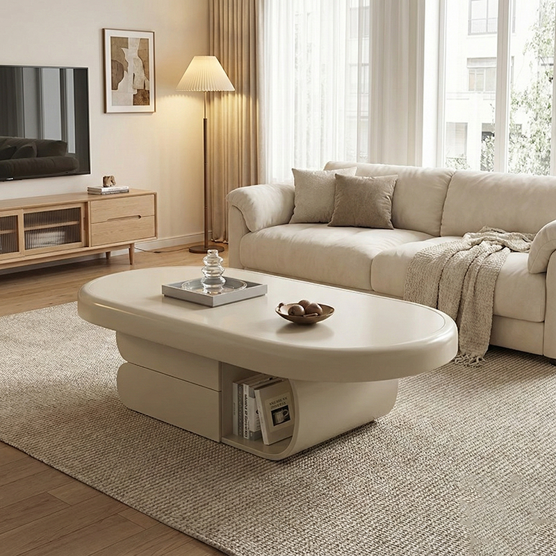 Modern Minimalist Oval Solid Wood Multi-Layer Plywood Coffee Table 2-Drawer 1-Cabinet For Living Room