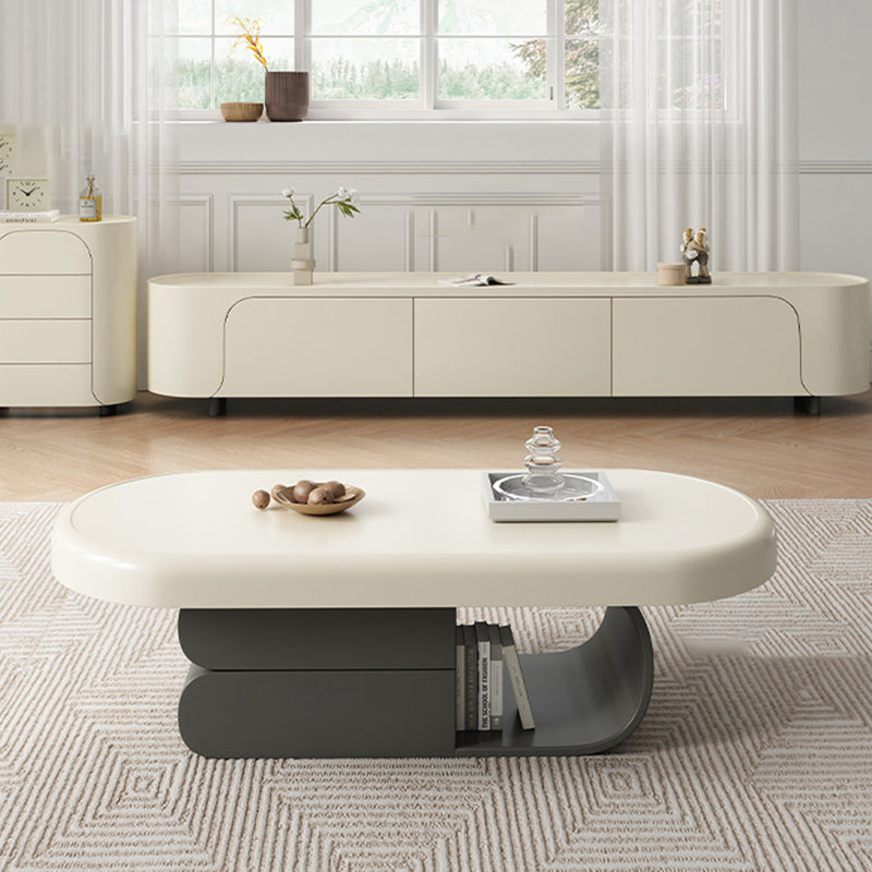 Modern Minimalist Oval Solid Wood Multi-Layer Plywood Coffee Table 2-Drawer 1-Cabinet For Living Room