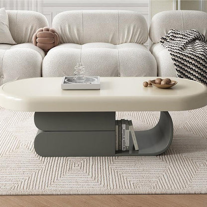 Modern Minimalist Oval Solid Wood Multi-Layer Plywood Coffee Table 2-Drawer 1-Cabinet For Living Room