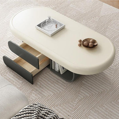 Modern Minimalist Oval Solid Wood Multi-Layer Plywood Coffee Table 2-Drawer 1-Cabinet For Living Room