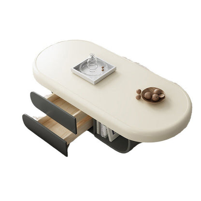 Modern Minimalist Oval Solid Wood Multi-Layer Plywood Coffee Table 2-Drawer 1-Cabinet For Living Room
