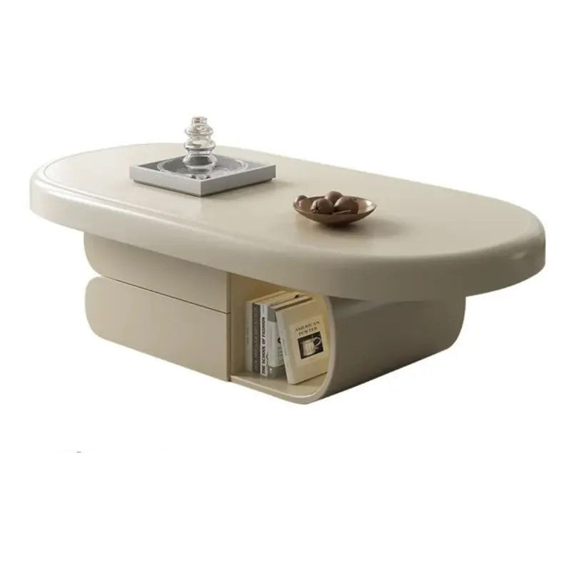 Modern Minimalist Oval Solid Wood Multi-Layer Plywood Coffee Table 2-Drawer 1-Cabinet For Living Room