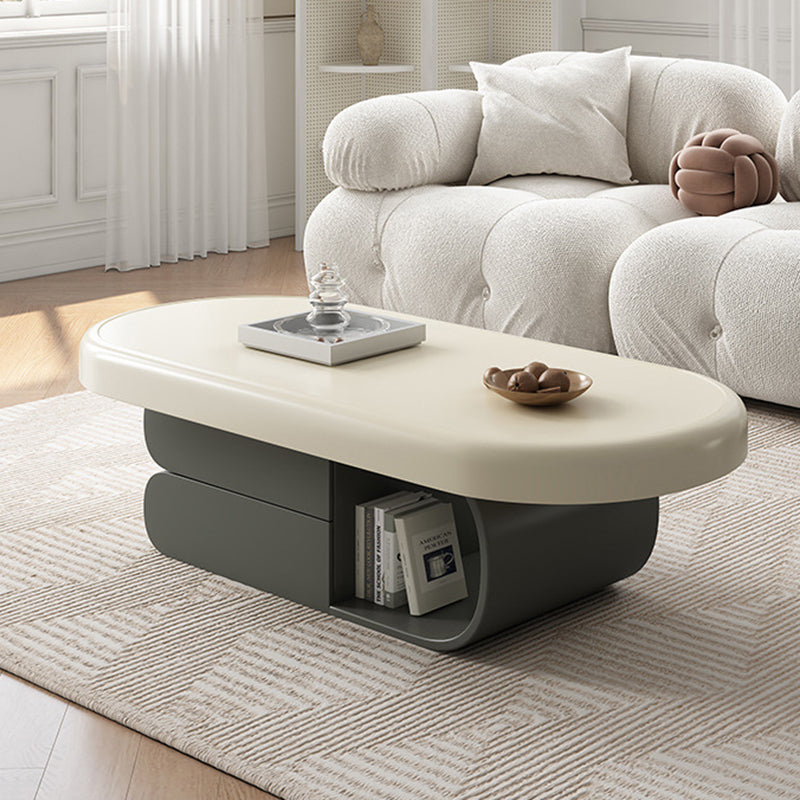 Modern Minimalist Oval Solid Wood Multi-Layer Plywood Coffee Table 2-Drawer 1-Cabinet For Living Room