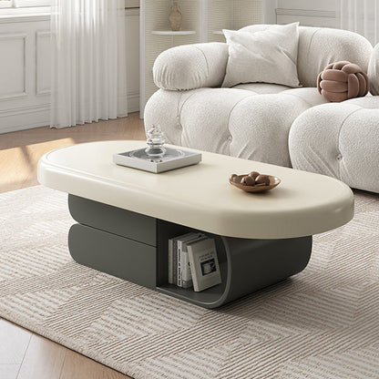 Modern Minimalist Oval Solid Wood Multi-Layer Plywood Coffee Table 2-Drawer 1-Cabinet For Living Room