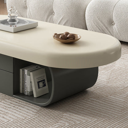 Modern Minimalist Oval Solid Wood Multi-Layer Plywood Coffee Table 2-Drawer 1-Cabinet For Living Room