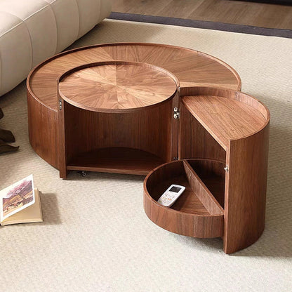 Modern Minimalist Round Solid Wood Multi-Layer Board Coffee Table 1-Drawer 1-Cabinet Movable For Living Room