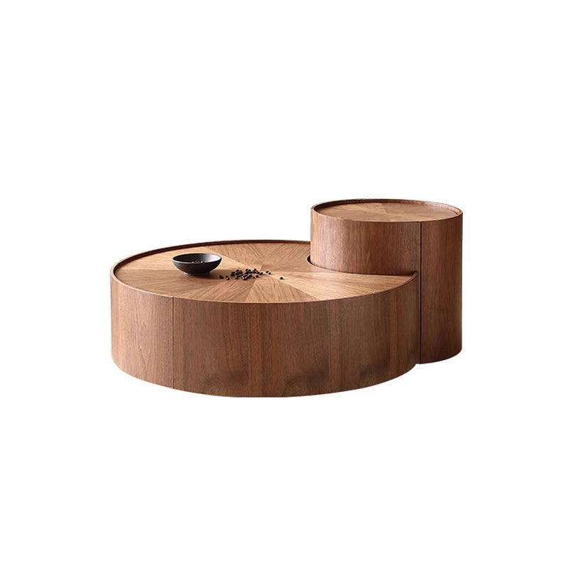 Modern Minimalist Round Solid Wood Multi-Layer Board Coffee Table 1-Drawer 1-Cabinet Movable For Living Room