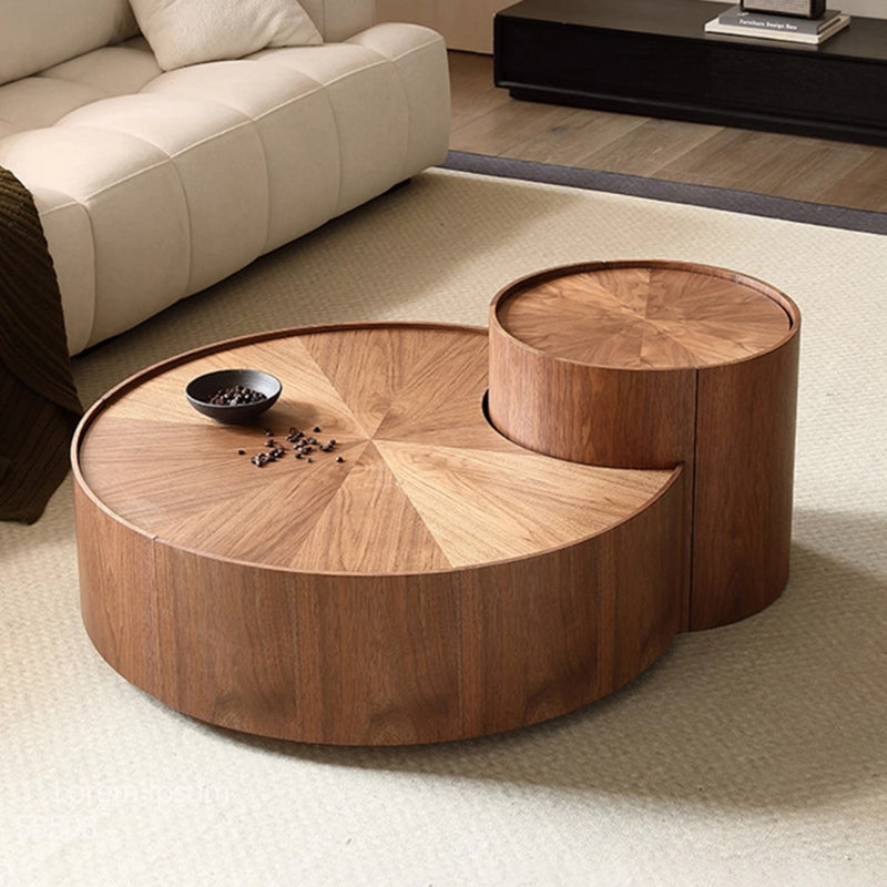 Modern Minimalist Round Solid Wood Multi-Layer Board Coffee Table 1-Drawer 1-Cabinet Movable For Living Room