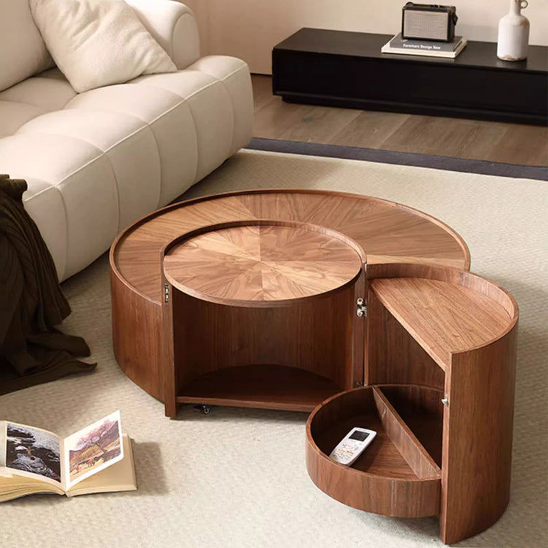 Modern Minimalist Round Solid Wood Multi-Layer Board Coffee Table 1-Drawer 1-Cabinet Movable For Living Room