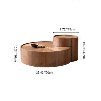 Modern Minimalist Round Solid Wood Multi-Layer Board Coffee Table 1-Drawer 1-Cabinet Movable For Living Room