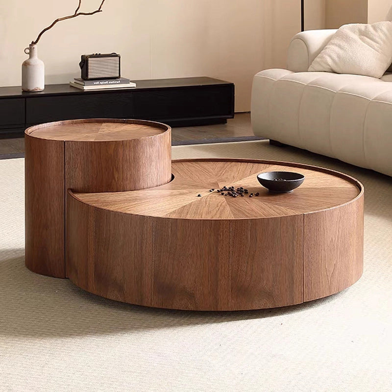Modern Minimalist Round Solid Wood Multi-Layer Board Coffee Table 1-Drawer 1-Cabinet Movable For Living Room