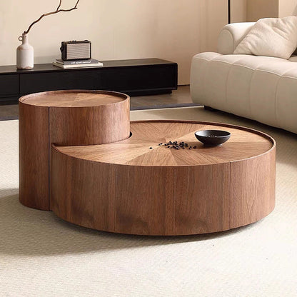Modern Minimalist Round Solid Wood Multi-Layer Board Coffee Table 1-Drawer 1-Cabinet Movable For Living Room