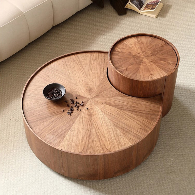 Modern Minimalist Round Solid Wood Multi-Layer Board Coffee Table 1-Drawer 1-Cabinet Movable For Living Room