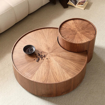 Modern Minimalist Round Solid Wood Multi-Layer Board Coffee Table 1-Drawer 1-Cabinet Movable For Living Room