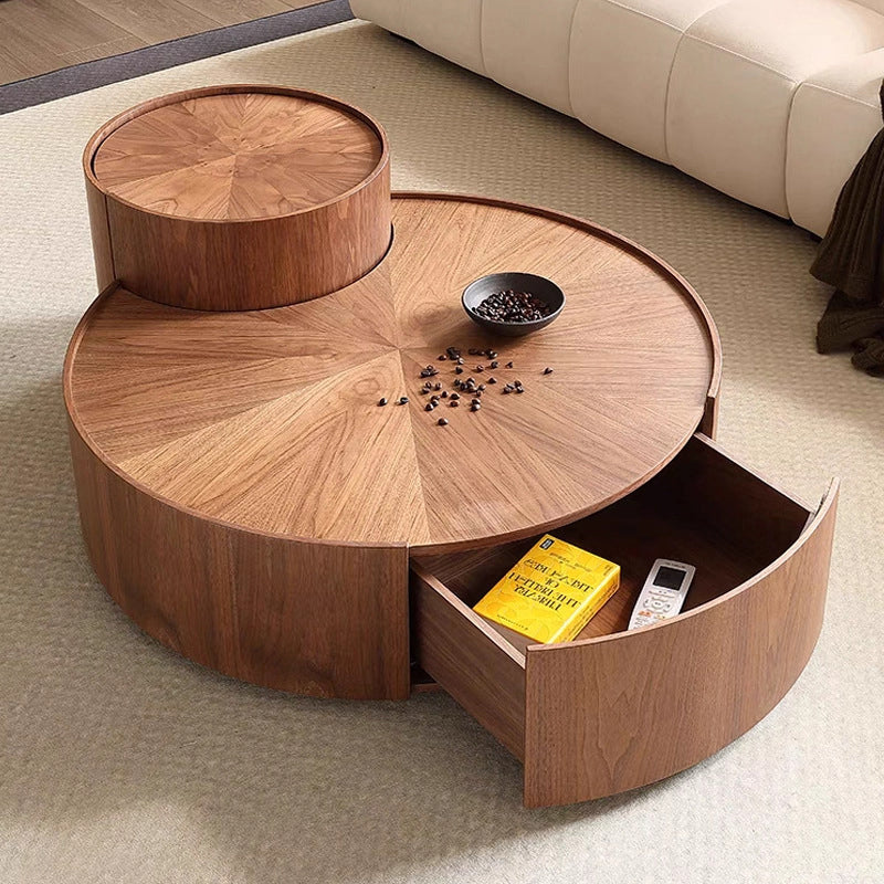 Modern Minimalist Round Solid Wood Multi-Layer Board Coffee Table 1-Drawer 1-Cabinet Movable For Living Room