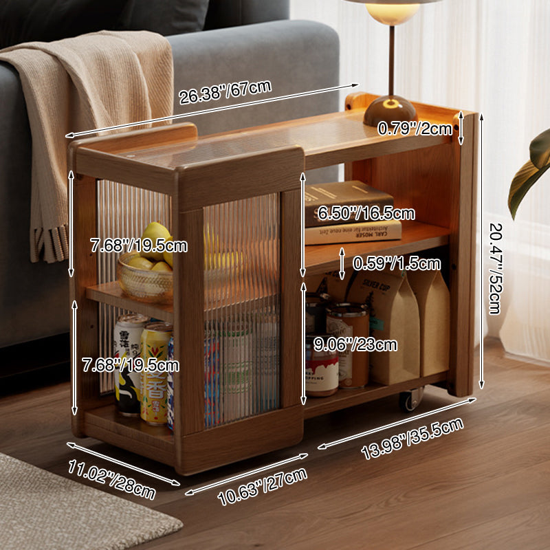 Modern Minimalist Rectangular Solid Wood Glass Side Table 3-Tier 2-Cabinet Movable For Living Room