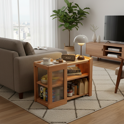 Modern Minimalist Rectangular Solid Wood Glass Side Table 3-Tier 2-Cabinet Movable For Living Room