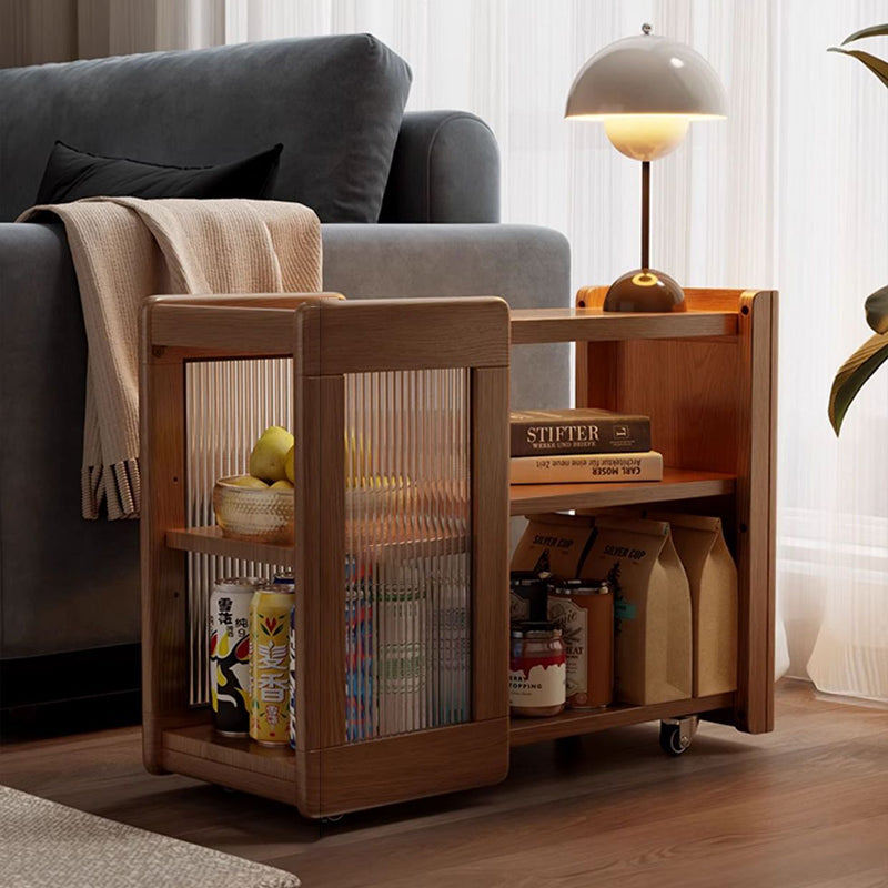 Modern Minimalist Rectangular Solid Wood Glass Side Table 3-Tier 2-Cabinet Movable For Living Room