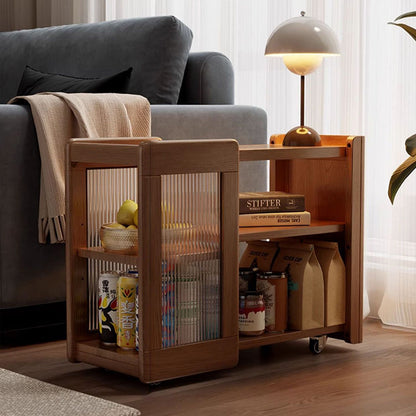 Modern Minimalist Rectangular Solid Wood Glass Side Table 3-Tier 2-Cabinet Movable For Living Room