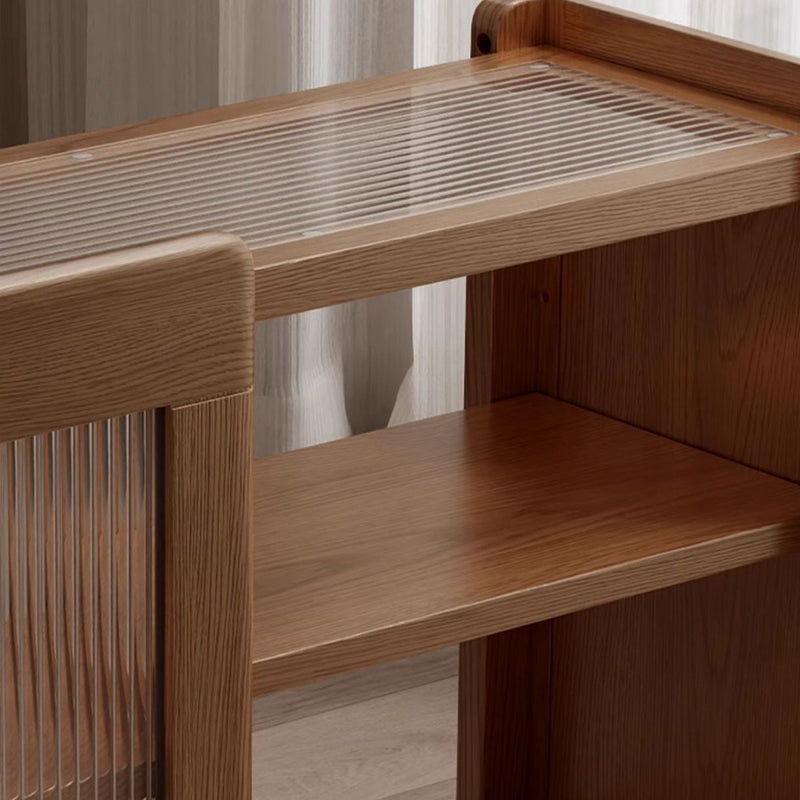 Modern Minimalist Rectangular Solid Wood Glass Side Table 3-Tier 2-Cabinet Movable For Living Room