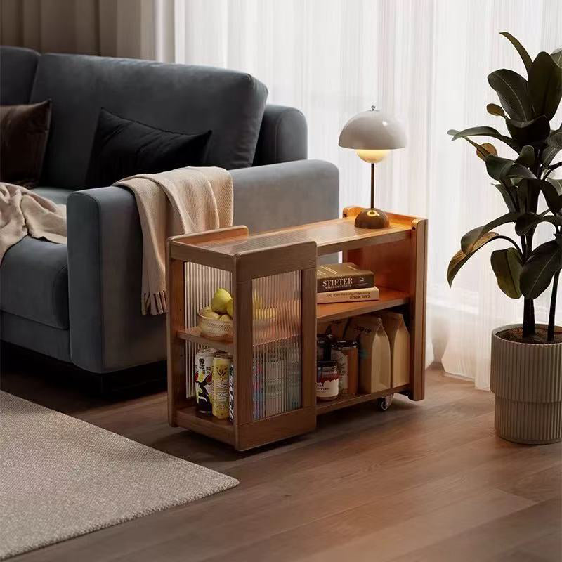 Modern Minimalist Rectangular Solid Wood Glass Side Table 3-Tier 2-Cabinet Movable For Living Room