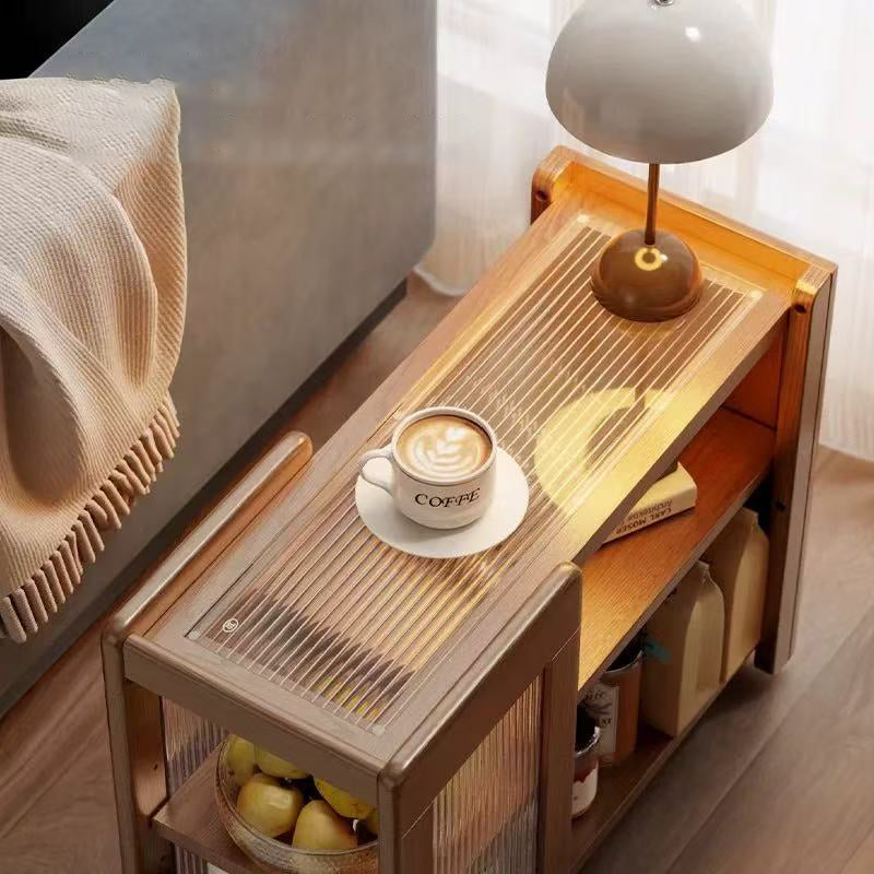 Modern Minimalist Rectangular Solid Wood Glass Side Table 3-Tier 2-Cabinet Movable For Living Room