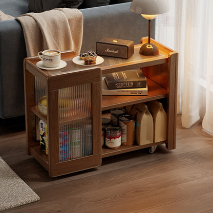 Modern Minimalist Rectangular Solid Wood Glass Side Table 3-Tier 2-Cabinet Movable For Living Room