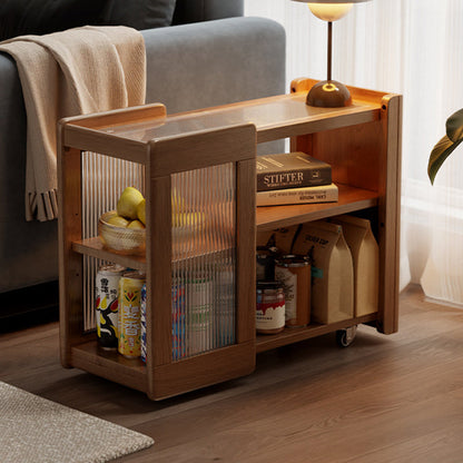 Modern Minimalist Rectangular Solid Wood Glass Side Table 3-Tier 2-Cabinet Movable For Living Room