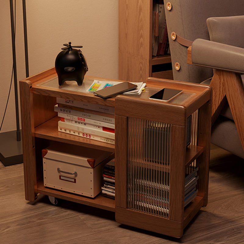 Modern Minimalist Rectangular Solid Wood Glass Side Table 3-Tier 2-Cabinet Movable For Living Room
