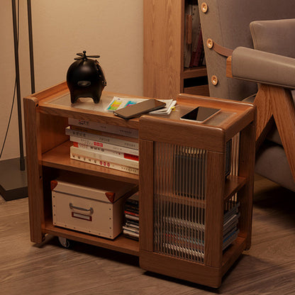 Modern Minimalist Rectangular Solid Wood Glass Side Table 3-Tier 2-Cabinet Movable For Living Room