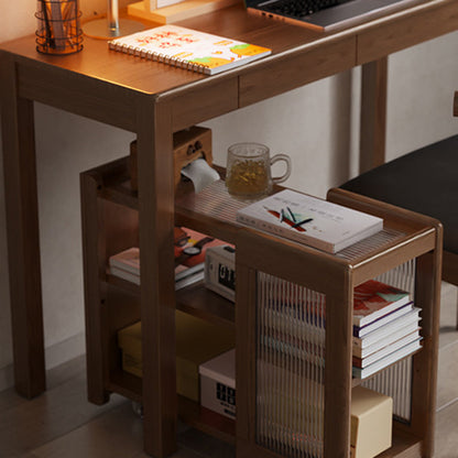 Modern Minimalist Rectangular Solid Wood Glass Side Table 3-Tier 2-Cabinet Movable For Living Room