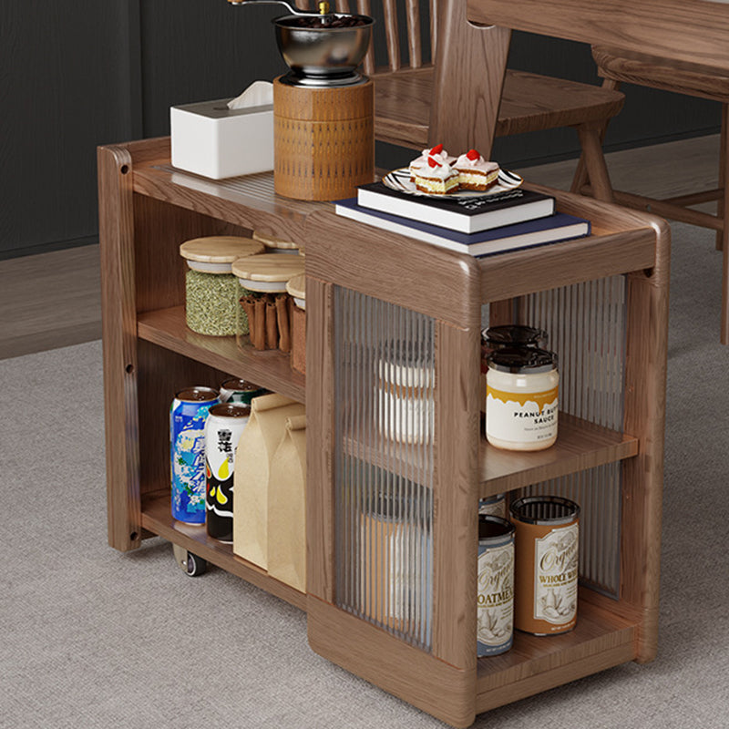Modern Minimalist Rectangular Solid Wood Glass Side Table 3-Tier 2-Cabinet Movable For Living Room