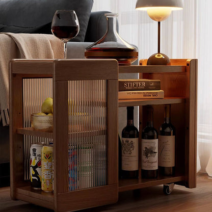 Modern Minimalist Rectangular Solid Wood Glass Side Table 3-Tier 2-Cabinet Movable For Living Room