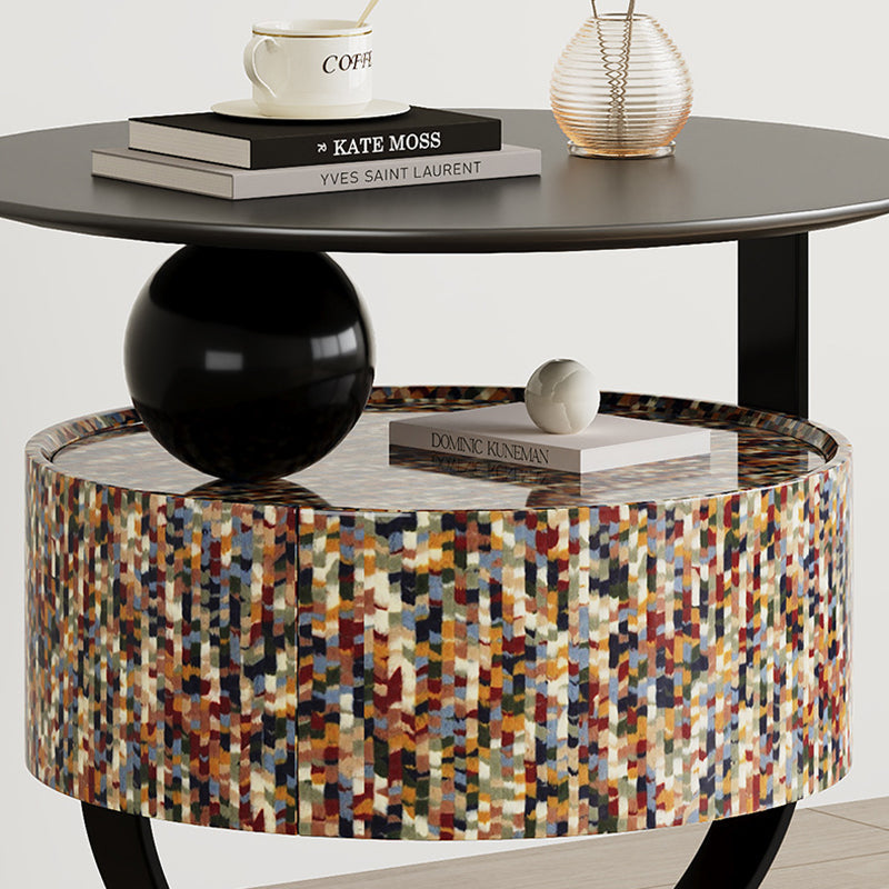 Modern Luxury Round Solid Wood Multi-Layer Board Nightstand 1-Drawer For Bedroom