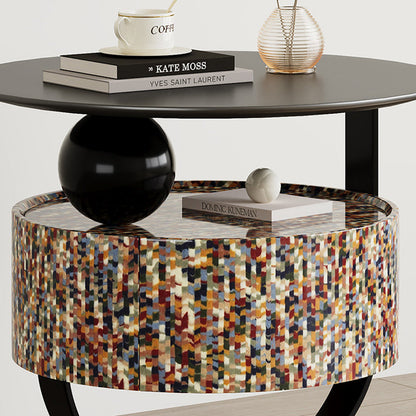 Modern Luxury Round Solid Wood Multi-Layer Board Nightstand 1-Drawer For Bedroom