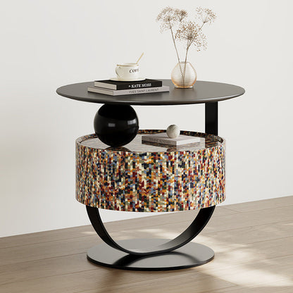 Modern Luxury Round Solid Wood Multi-Layer Board Nightstand 1-Drawer For Bedroom