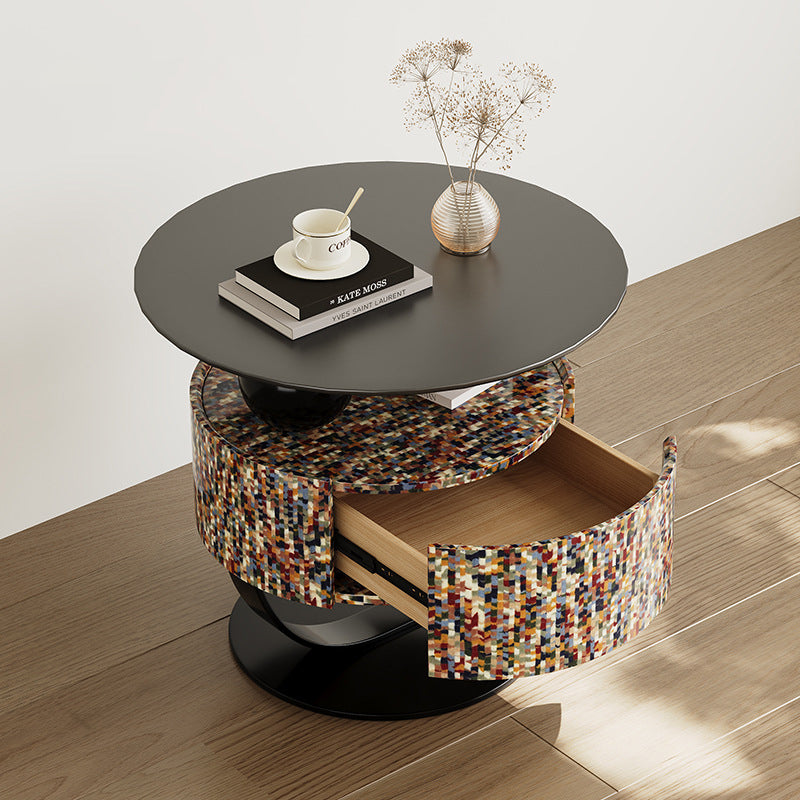 Modern Luxury Round Solid Wood Multi-Layer Board Nightstand 1-Drawer For Bedroom