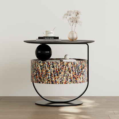 Modern Luxury Round Solid Wood Multi-Layer Board Nightstand 1-Drawer For Bedroom